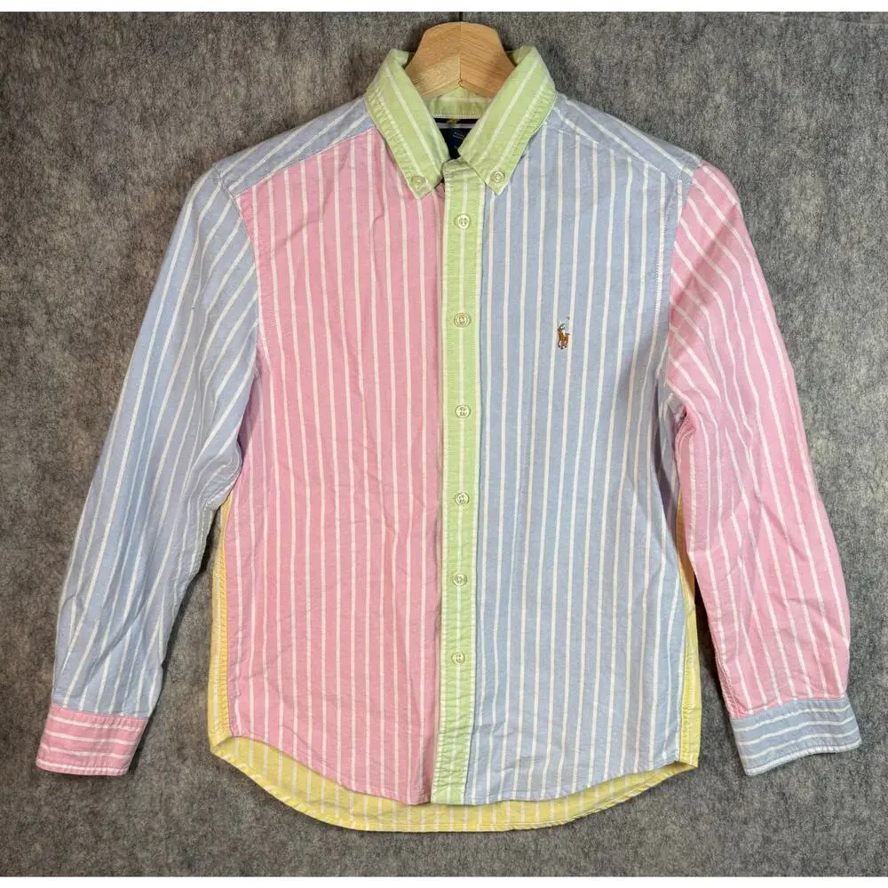 EUC Ralph Lauren Boys 10-12 Multicolor Pastel Striped Button Down Shirt Colorful